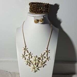 Gold-Tone Floral Bib Necklace with Ivory Petal Accents